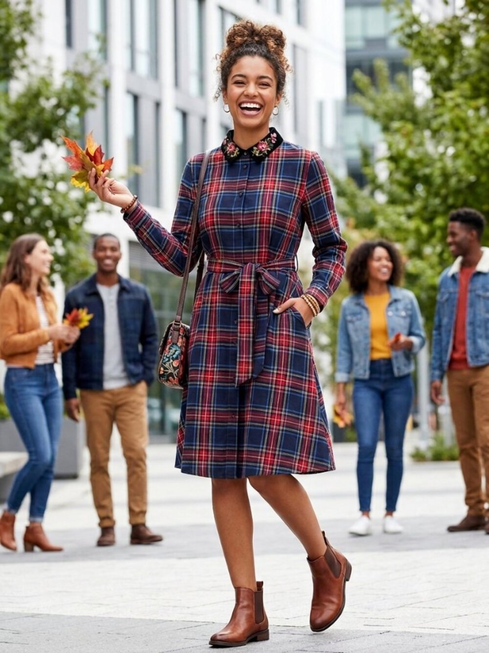 Trish Scully| Plaid tartan Embroidered Long Sleeve Midi Shirt Dress Sz 14